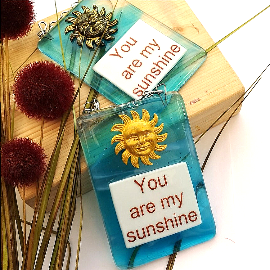 Handmade fused glass You Are My Sunshine Hanging Decoration. Valentine suncatcher gift. Romantic, love, message from the heart present. Girlfriend, boyfriend, partner, husband, wife.