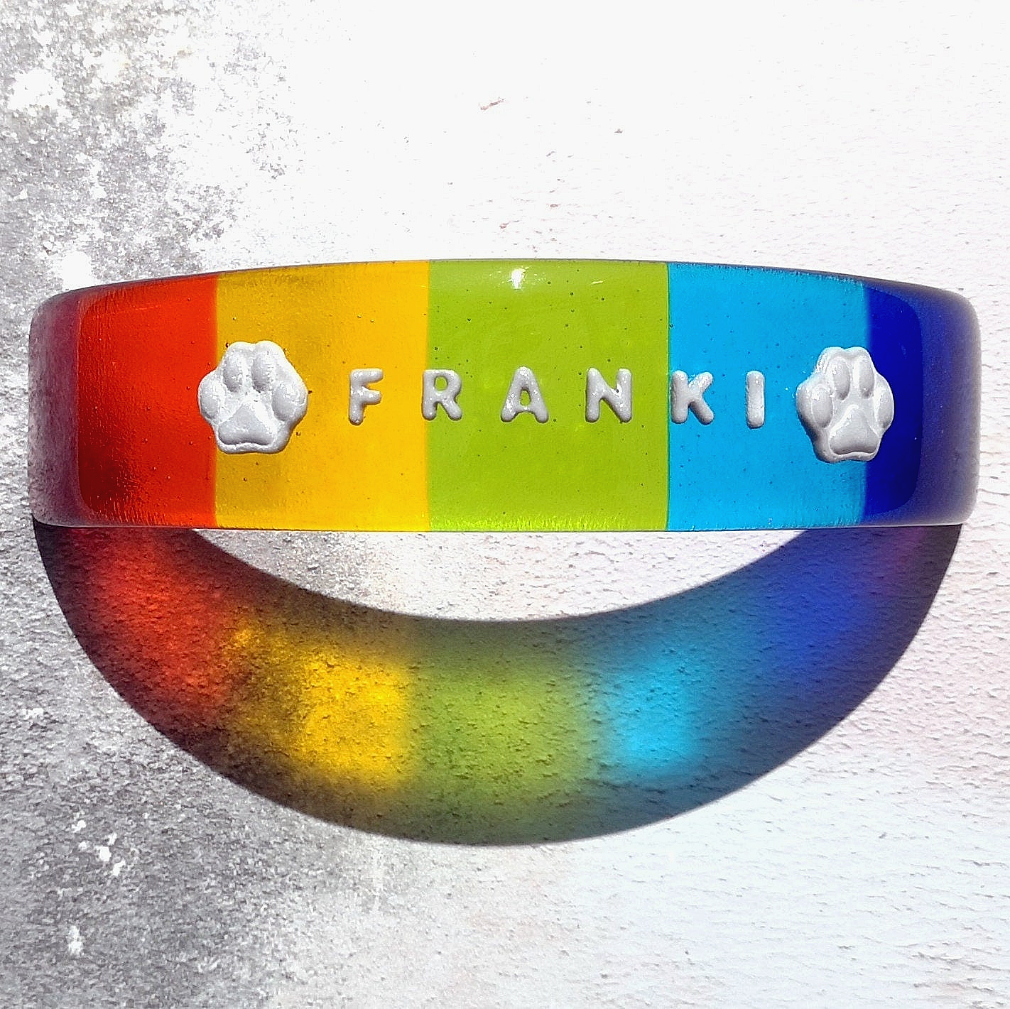 Handmade fused glass curved rainbow bridge. 3D pet paw prints. Free standing rainbow arch. Brightly coloured glass gift. Suncatcher, light catcher. Gift for pet loss, remembrance.