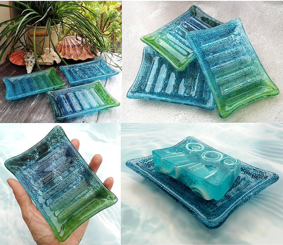 Handmade fused glass soap dish with bubbles encased inside the glass. Turquoise blue to green embedded coloured bubbles. Colourful bubbly glass soap holder. Brightly Coloured Gift.