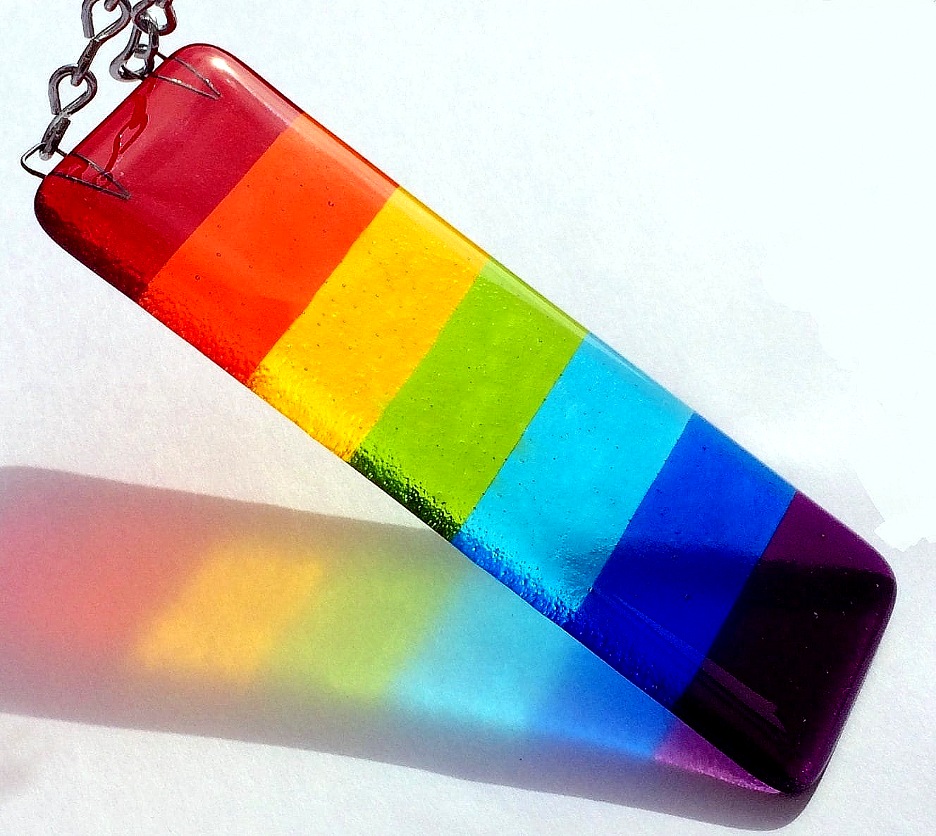 Handmade fused glass Rainbow Striped Hanging Picture / Suncatcher. Brightly coloured glass light catcher, rainbow decor, colourful wall or window art.