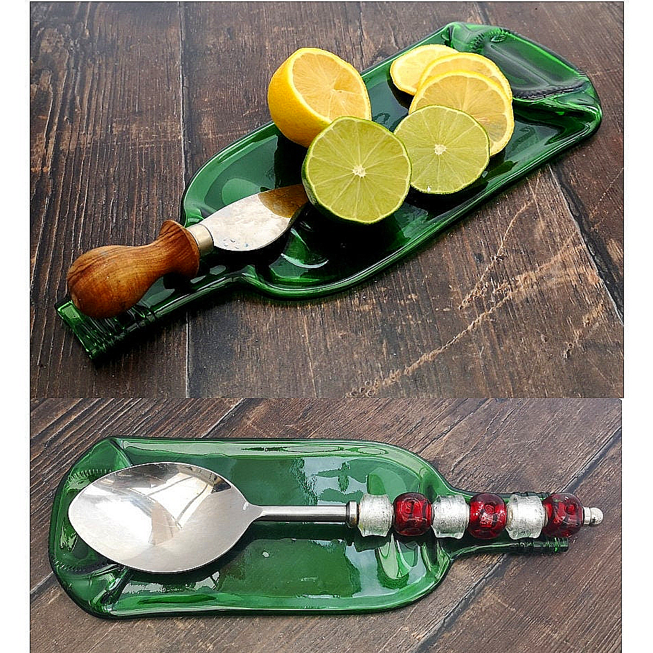 Handmade fused glass Recycled Wine / Beer Bottle Plate. Squashed, slumped bottle serving dish. Eco gift, zero waste, reclaimed, upcycled glass platter.