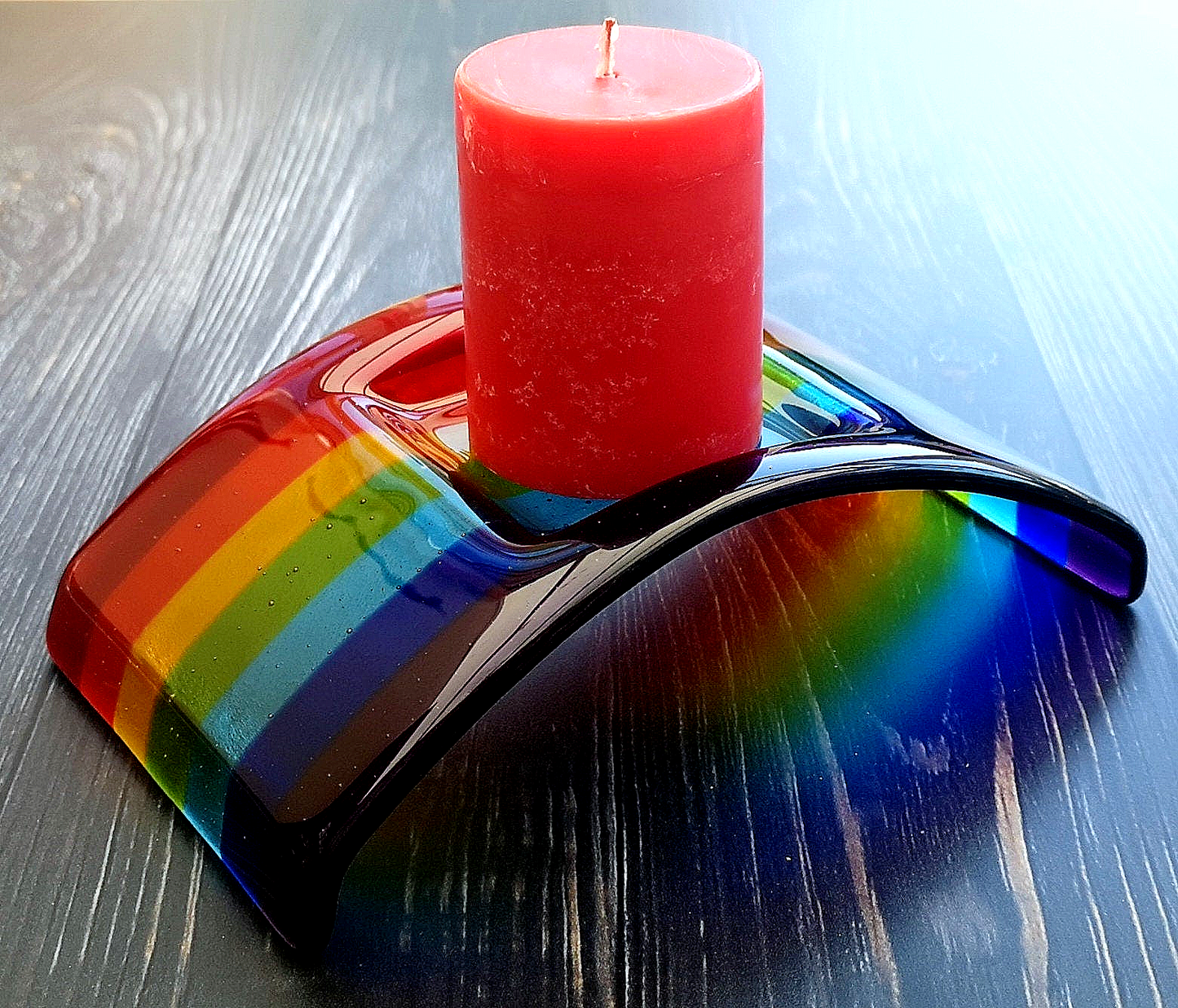 Handmade fused glass curved rainbow bridge candle holder. Free standing rainbow arch tealight candle holder. Brightly coloured glass gift. Suncatcher, light catcher. Gift for pet loss, remembrance.