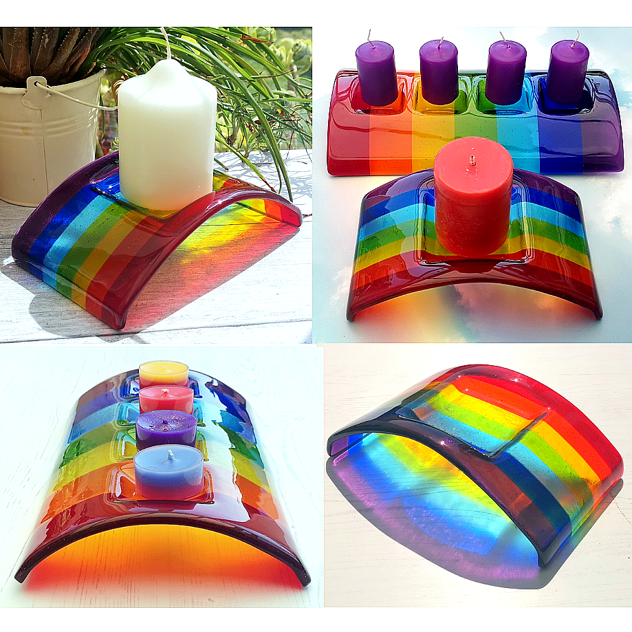 Handmade fused glass curved rainbow bridge candle holder. Free standing rainbow arch tealight candle holder. Brightly coloured glass gift. Suncatcher, light catcher. Gift for pet loss, remembrance.