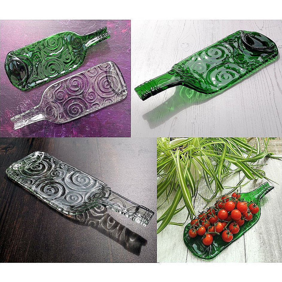 Handmade fused glass Recycled Wine Bottle Plate or Spatula Shape With Raised Neck Handle & Spiral Pattern. Squashed, slumped bottle serving dish. Eco gift, zero waste, reclaimed, upcycled glass platter.