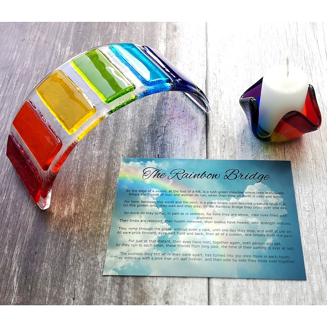 Handmade fused glass curved rainbow bridge. 3D pet paw prints. Free standing personalised 3D name rainbow arch. Brightly coloured glass gift. Suncatcher, light catcher. Gift for pet loss, remembrance.