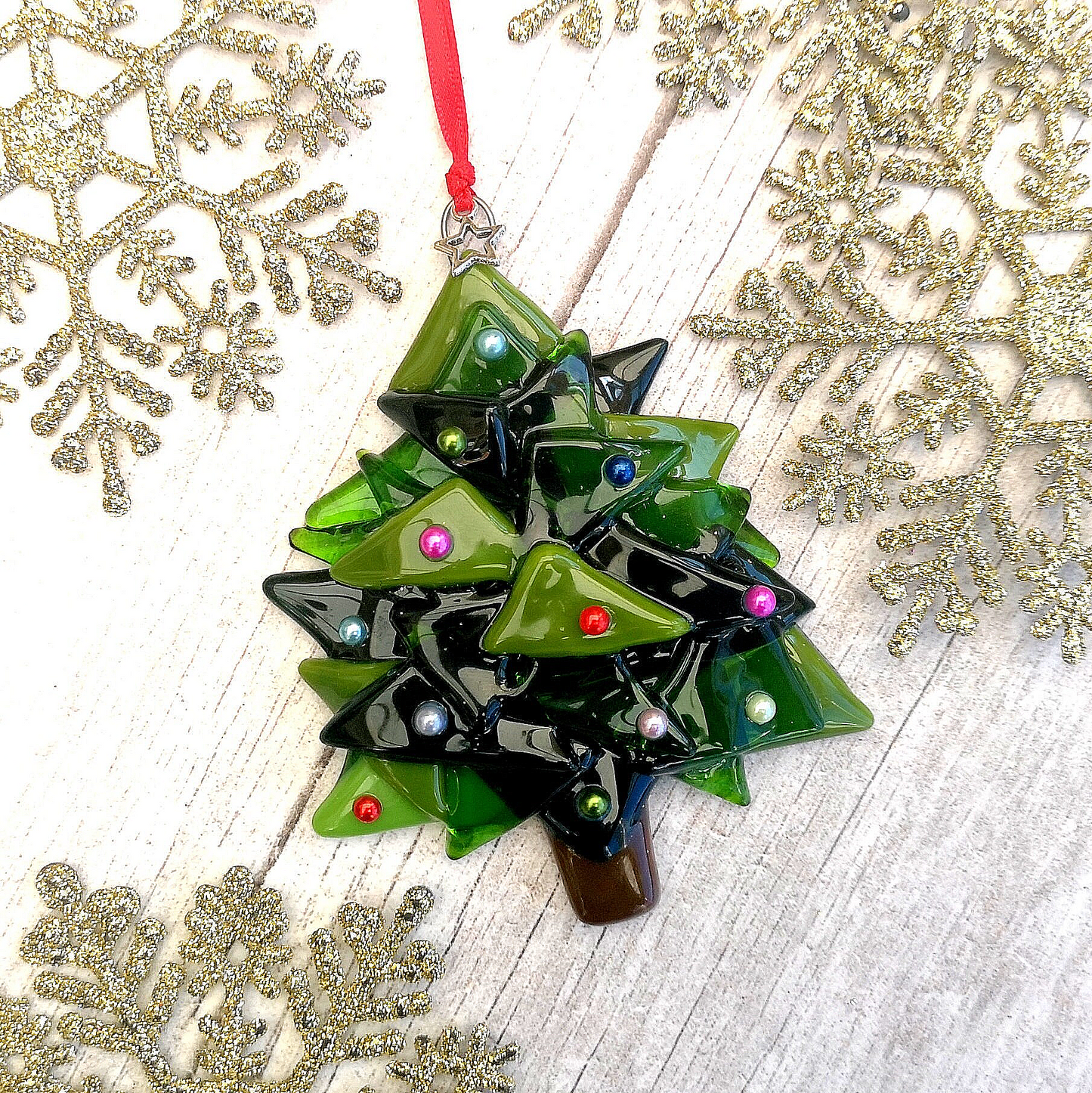 Handmade fused glass 3D Christmas Tree hanging decoration, Xmas tree ornament, holiday decor, Christmas gift, festive present