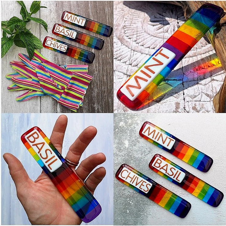 Handmade fused glass personalised rainbow plant label. Colourful plant marker. Rainbow striped garden plant stake. Herb, vegetable, flower, fruit name. Gift for partner.