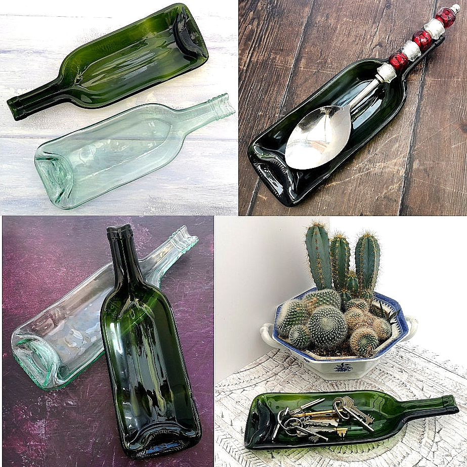 Handmade fused glass Recycled Wine Bottle Dish. Squashed, slumped bottle serving plate. Eco gift, zero waste, reclaimed, upcycled glass bowl.