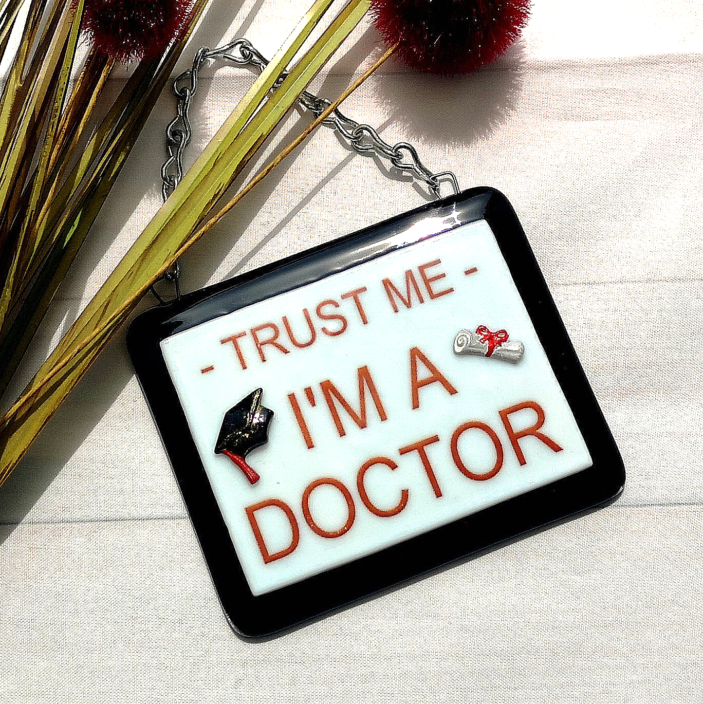 Handmade fused glass 'Trust Me I'm a Doctor' hanging picture. Custom, customised decoration award present. Personalised name gift for graduate, masters, doctorate degree. Name plaque certificate. Congratulations graduation.