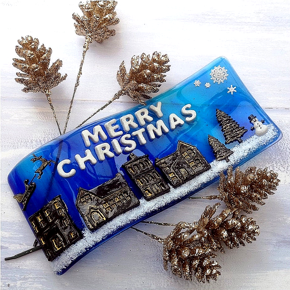 Handmade fused glass 3D merry Christmas free standing curved picture decoration, festive present, santa sleigh reindeer roof top snowy Xmas scene