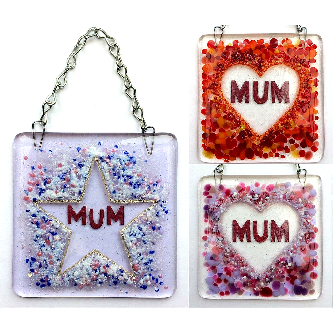 Handmade fused glass Mum in a love heart or star hanging picture decoration. Suncatcher, Mothers day present, gift for Mum, Dad, Nan, Grandmother
