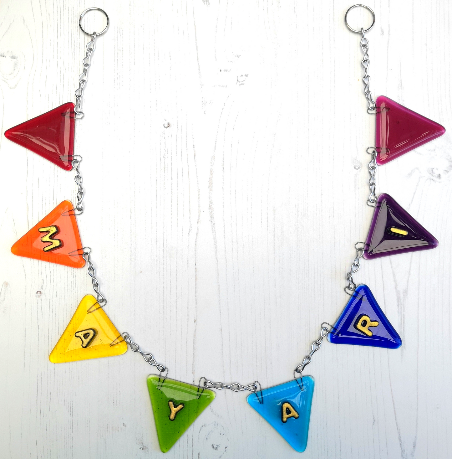 Handmade fused glass personalised name bunting. Customised 3D name plaque. Child's name door sign. Colourful glass bunting, name plate, new baby gift. Expecting Mum present.