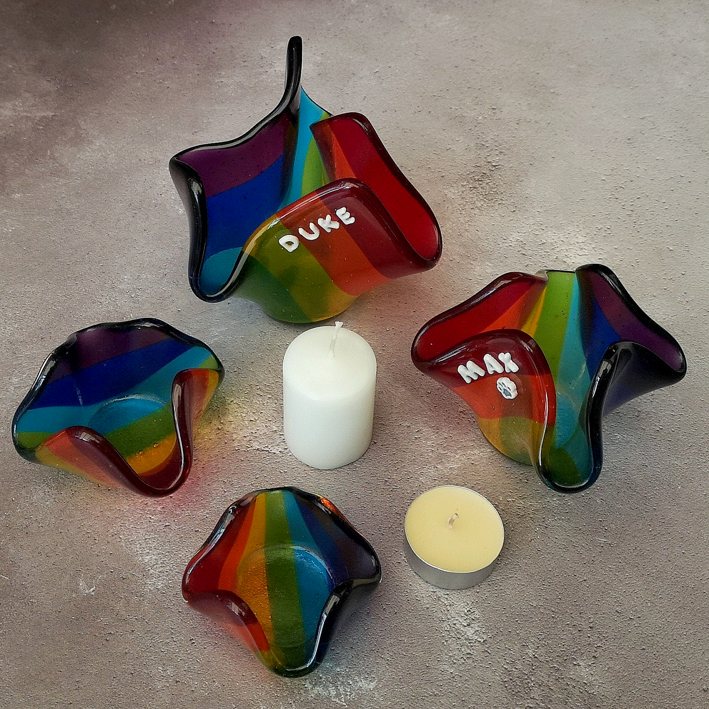 Handmade fused glass rainbow tealight candle holder. 3D pet paw prints. Personalised 3D name. Brightly coloured glass gift. Suncatcher, light catcher. Gift for pet loss, remembrance.