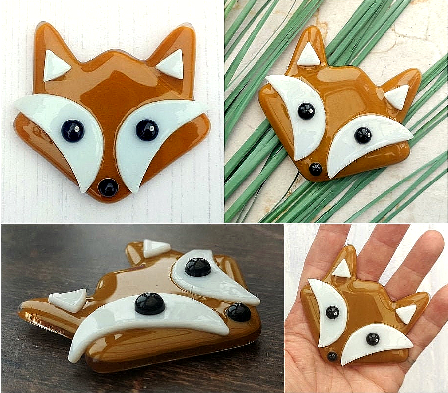 Handmade fused glass fox face fridge magnet. Fox gift, foxy, British wildlife, nature present. Magnetic red fox gift.