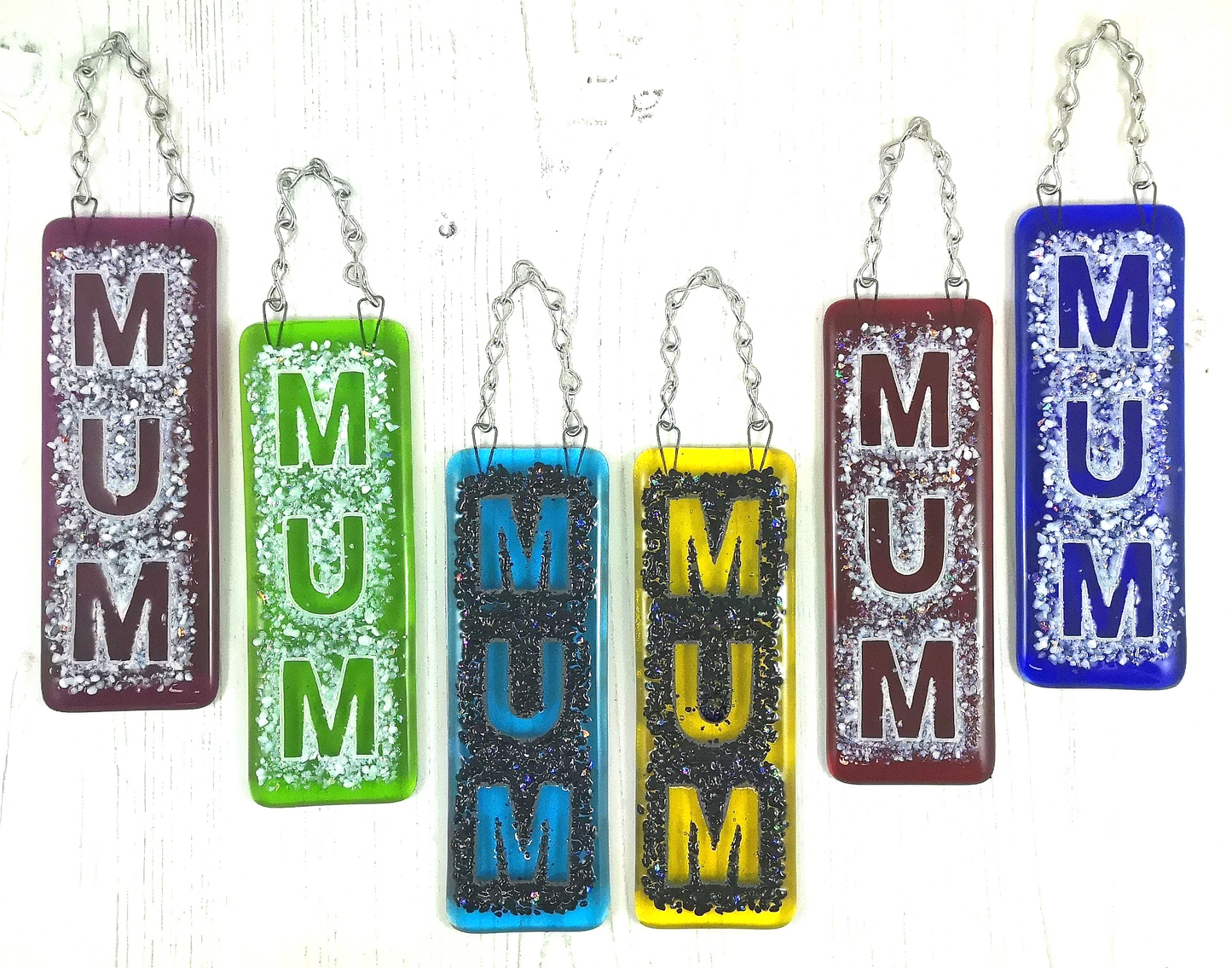 Handmade fused glass Mum suncatcher, colourful dichroic glass hanging picture decoration. Mothers day present, gift for Mum, Nan, Grandmother.