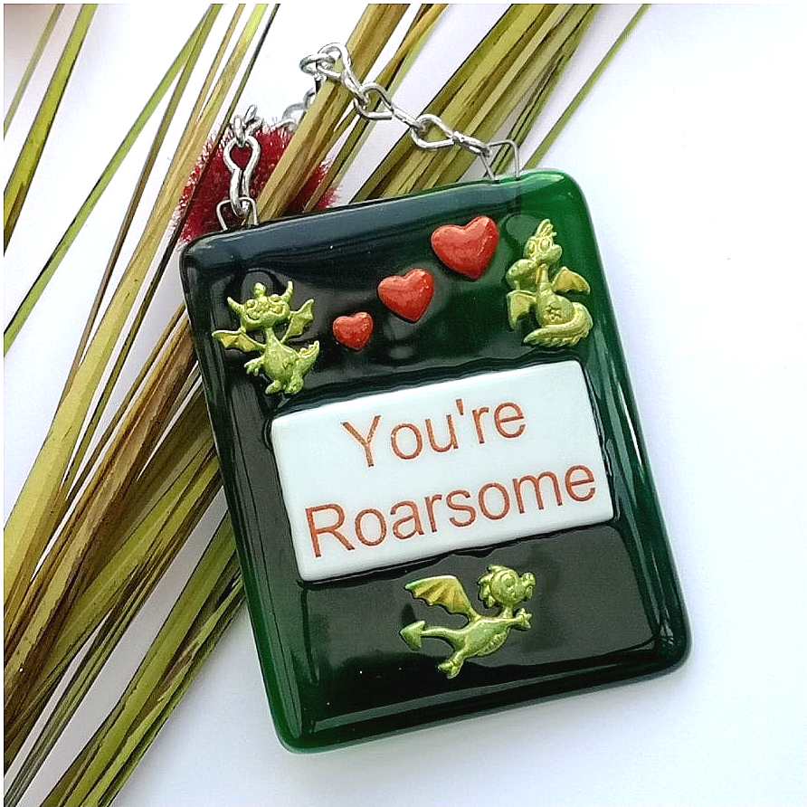 Handmade fused glass Awesome Roarsome Dragon Hanging Decoration. Valentine suncatcher gift. Romantic, love, message from the heart present. Girlfriend, boyfriend, partner, husband, wife.