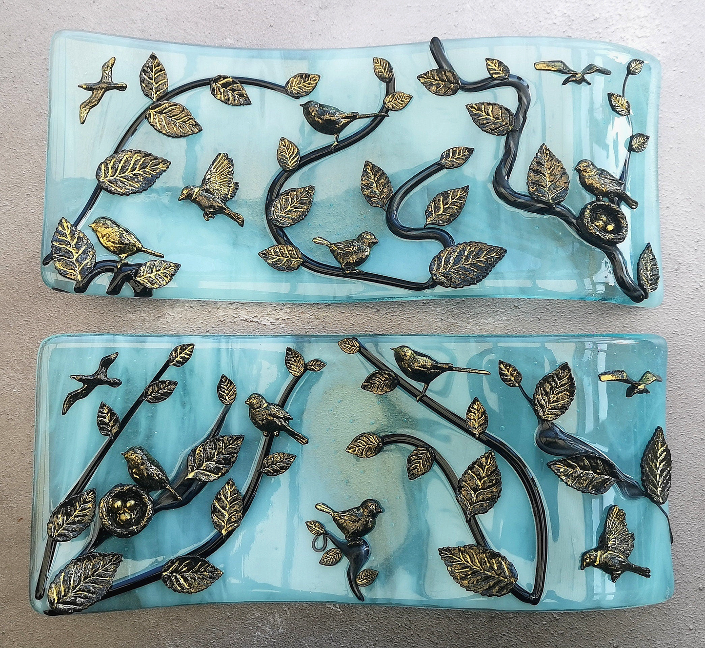 Handmade fused glass 3D Birds Free Standing Wavy, Curved Picture, suncatcher. Bird art, nature gift, decoration ornament, tree, leaves, nesting baby bird eggs, gold silhouette highlight.