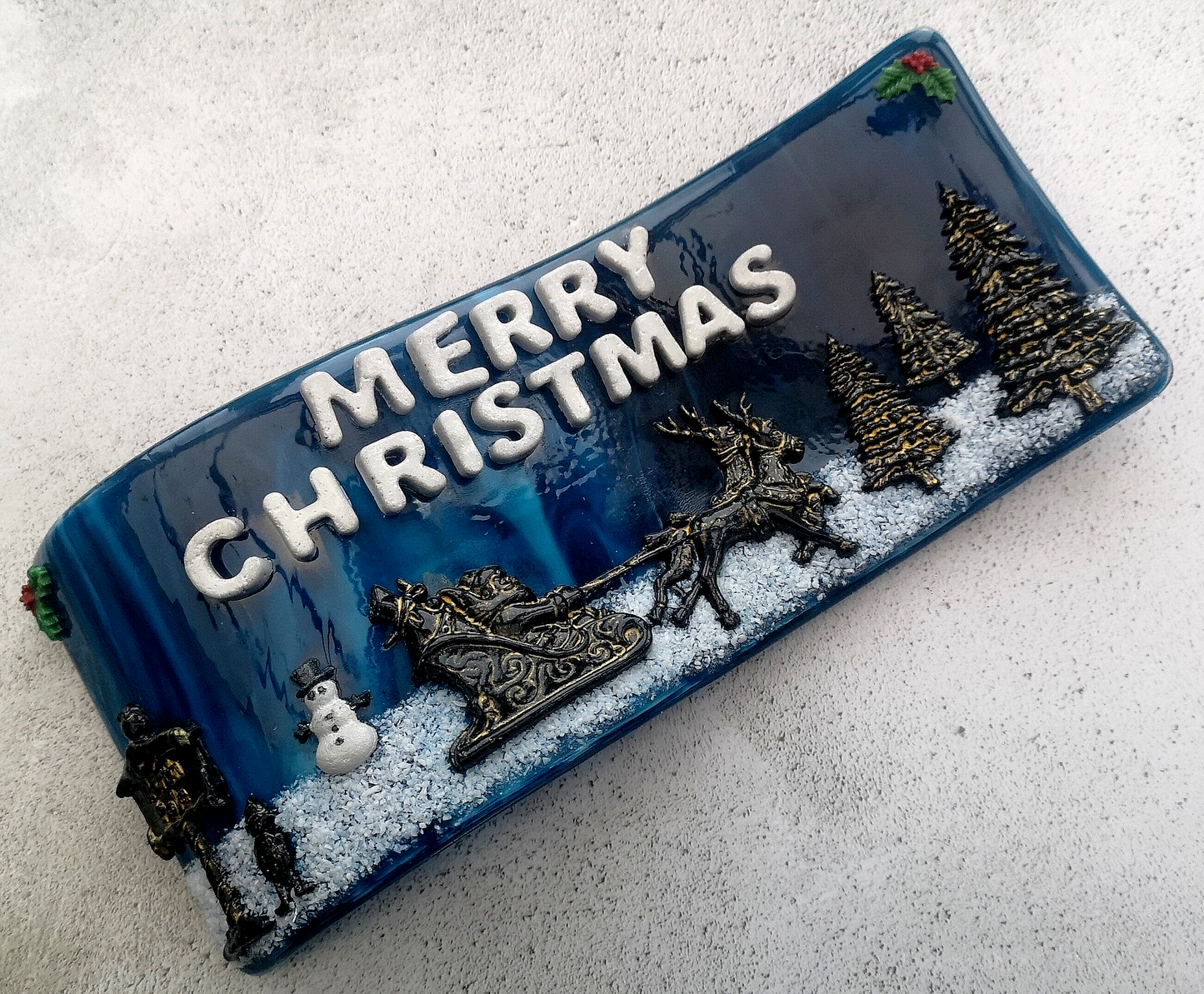 Handmade fused glass 3D merry Christmas free standing curved picture decoration, festive present, santa sleigh, reindeer north pole elf Xmas scene