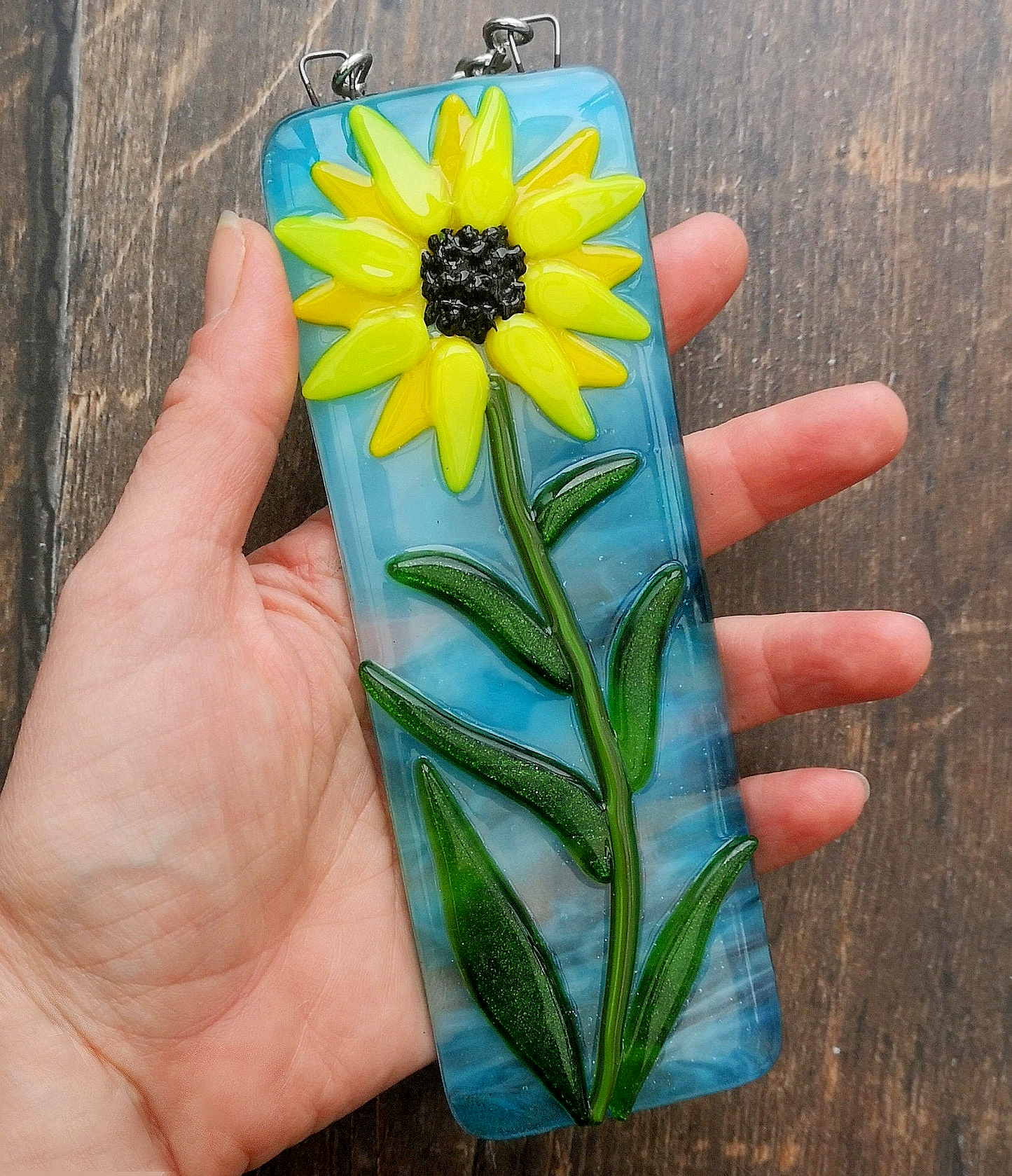 Handmade 3D fused glass Sunflower Hanging Picture, suncatcher. Floral decoration, ornament, flower wall art, garden picture gift.