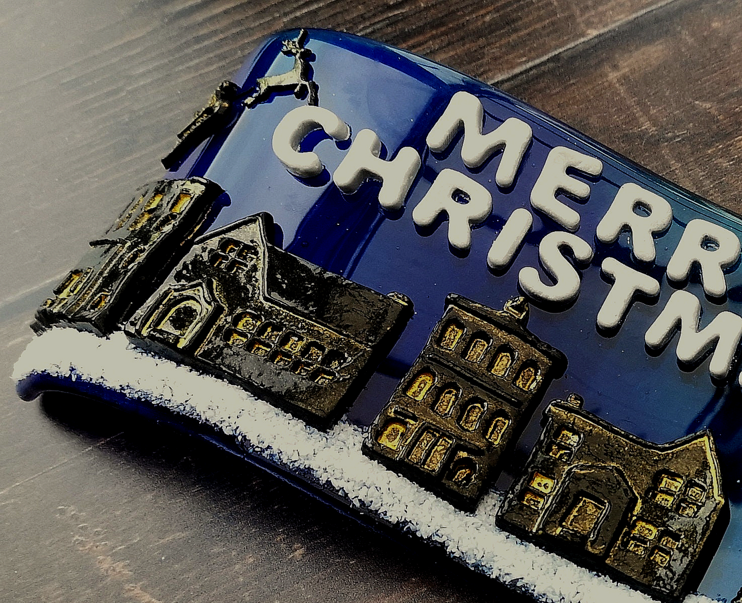 Handmade fused glass 3D merry Christmas free standing curved picture decoration, festive present, santa sleigh reindeer roof top snowy Xmas scene