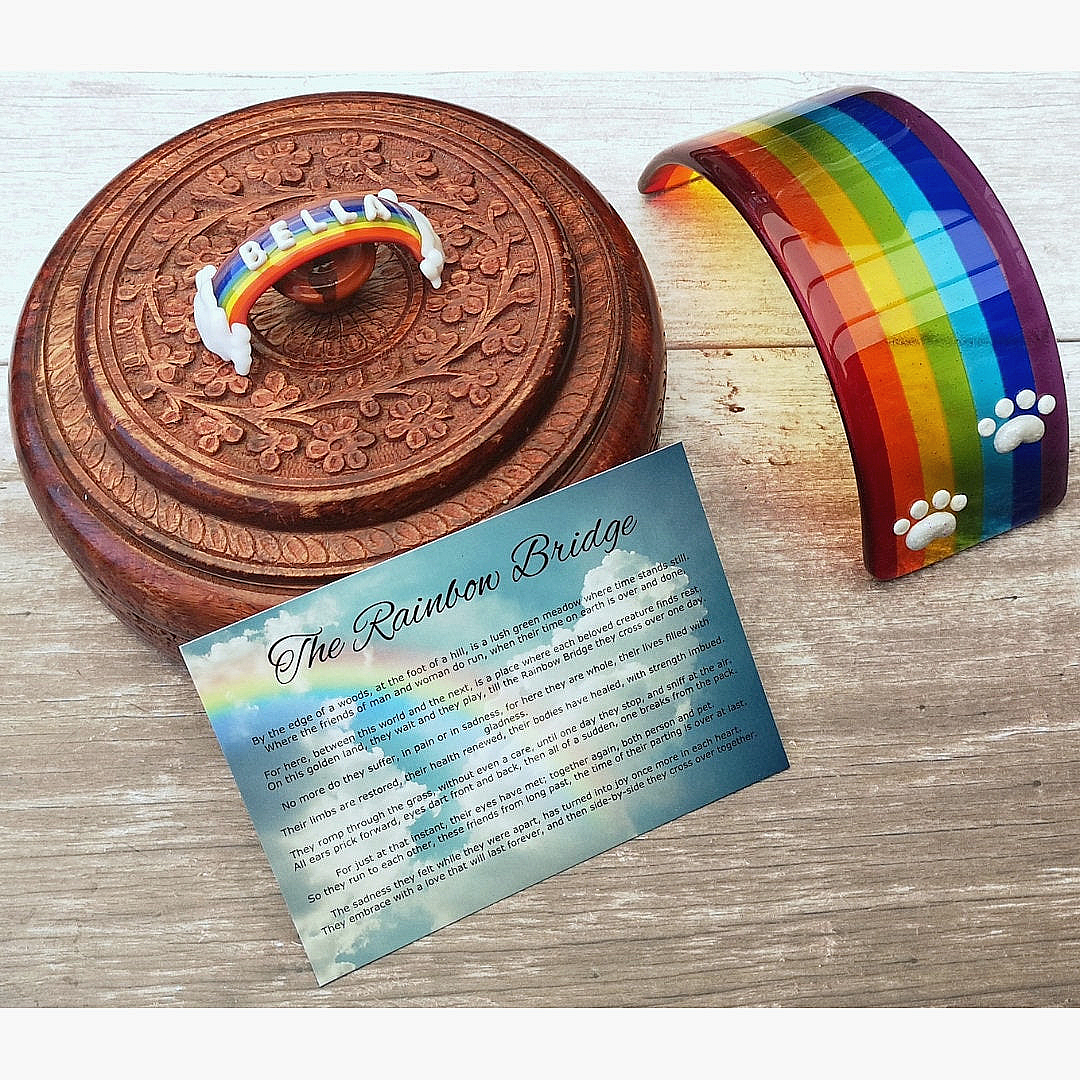 Handmade fused glass curved rainbow bridge with clouds. Free standing personalised 3D name rainbow arch. Brightly coloured glass gift. Suncatcher, light catcher. Gift for pet loss, remembrance.