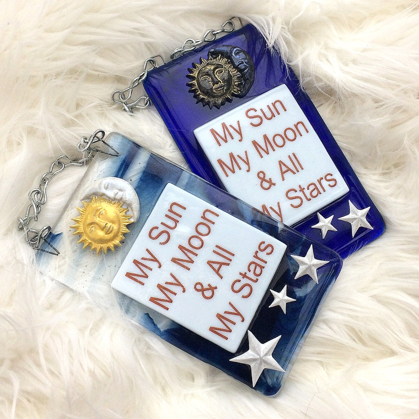Handmade fused glass My Sun, My Moon, And All My Stars Hanging Decoration. Valentine suncatcher gift. Romantic, love, message from the heart present. Girlfriend, boyfriend, partner, husband, wife.