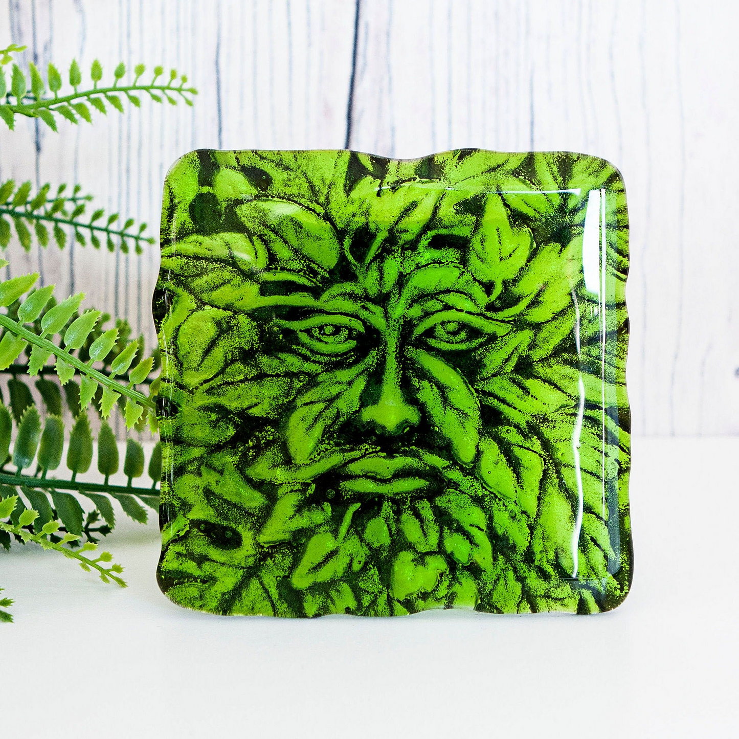 Handmade fused glass Greenman drinks coaster. Green man place mat. Leaf man, Greenman face, green glass tile. Man of the woods. Nature lover gift. Pagan gift.