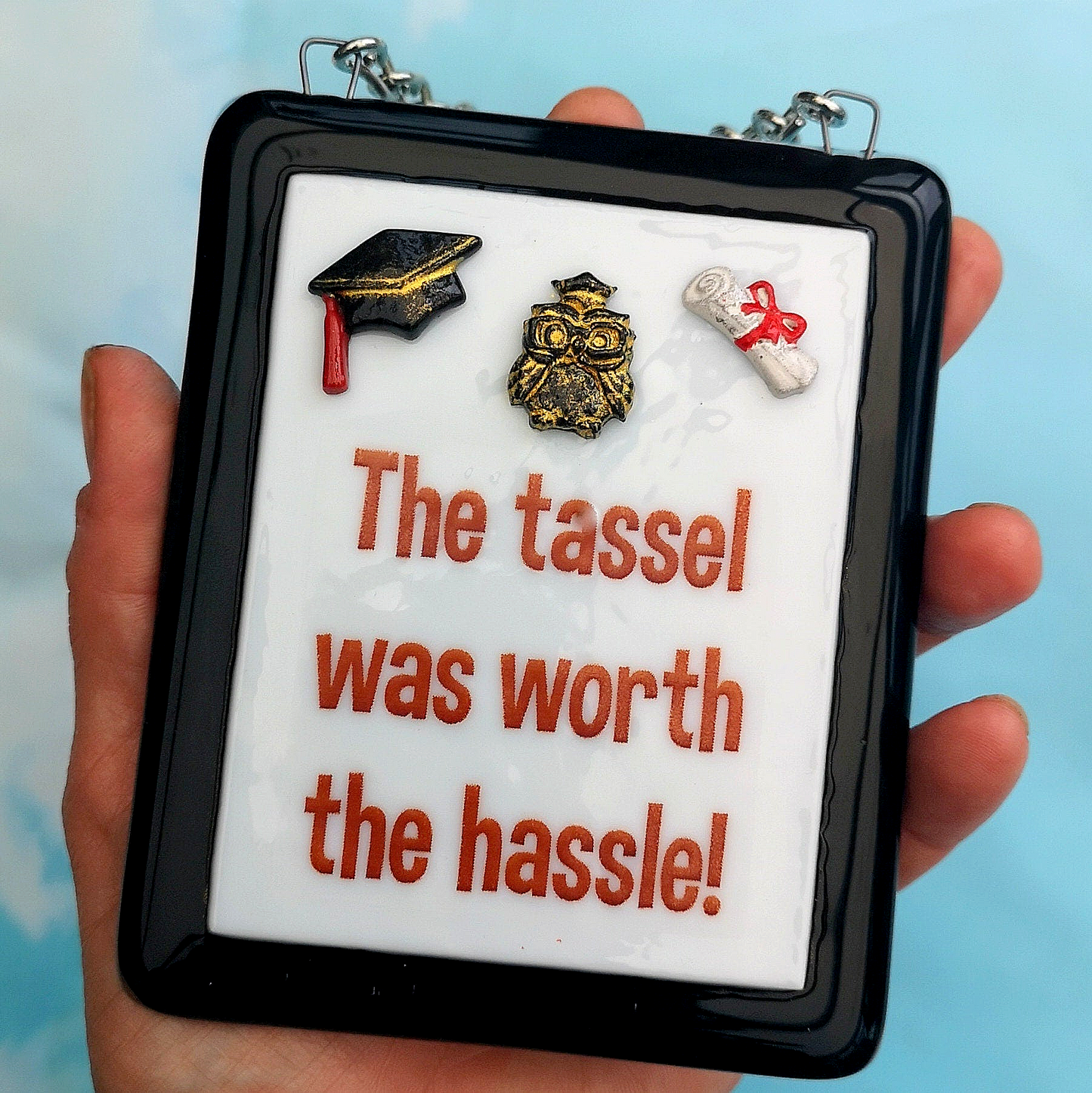 Handmade fused glass 'The tassel was worth the hassle' hanging picture. Custom, customised decoration award present. Personalised name gift for graduate, masters, doctorate degree. Name plaque certificate. Congratulations graduation.