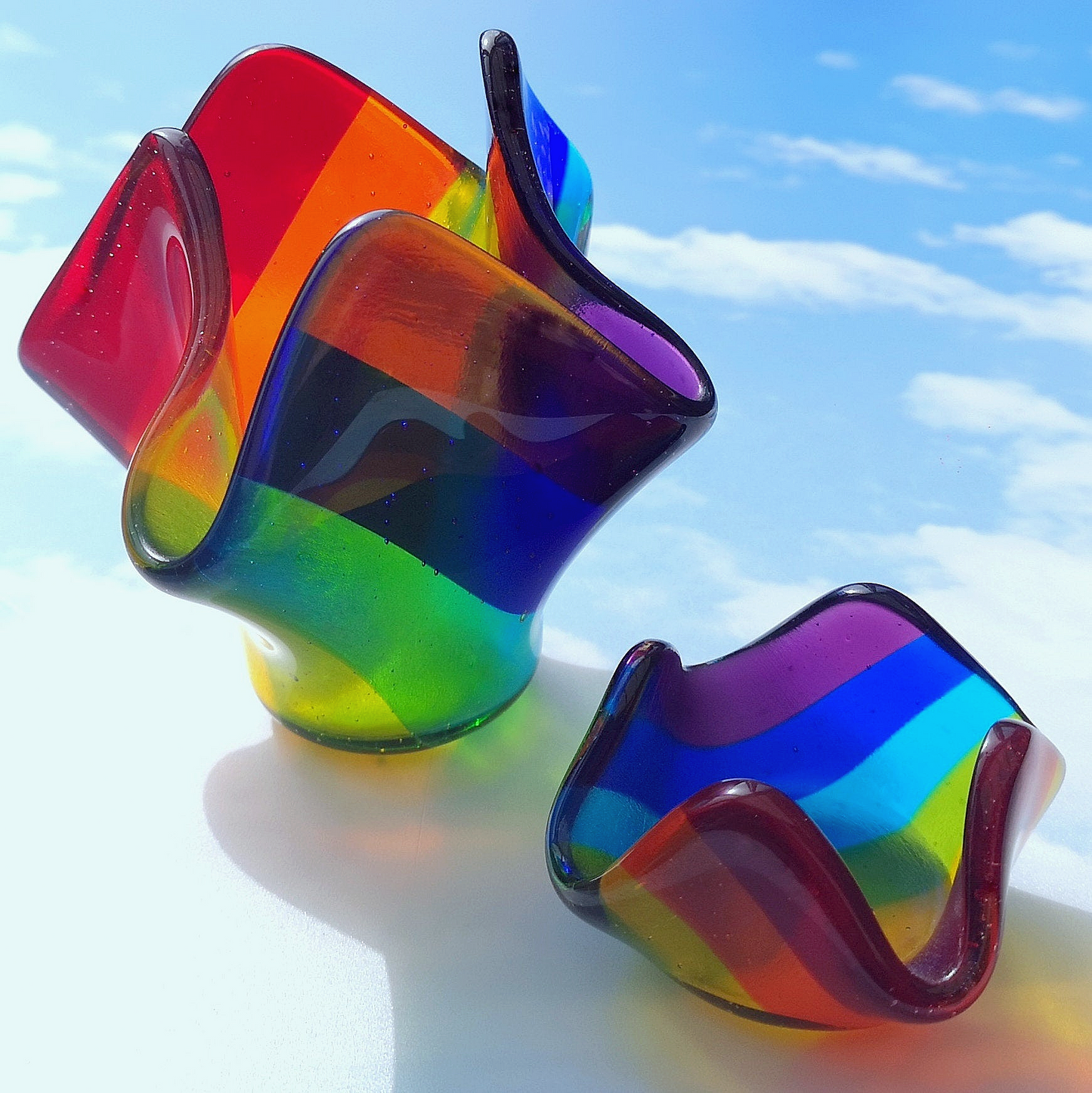 Handmade fused glass rainbow tealight candle holder. 3D pet paw prints. Personalised 3D name. Brightly coloured glass gift. Suncatcher, light catcher. Gift for pet loss, remembrance.