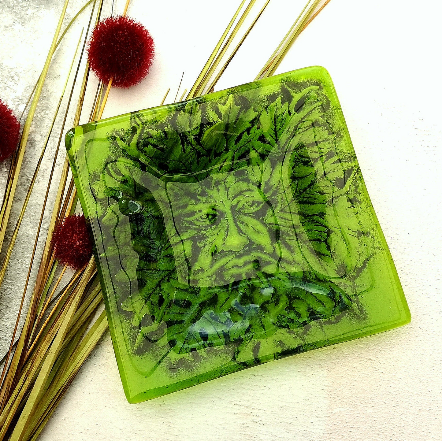 Handmade fused glass Greenman face square bowl. Leaf Man decorative dish, serving plate. Man of the woods ashtray. Nature lover gift. Pagan gift.