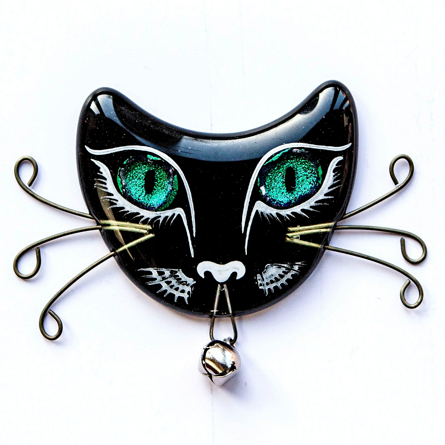 Handmade fused glass cat face fridge magnet. Reflective dichroic glass eyes. Magnetic cat lover gift, crazy cat, black cat, hand painted lucky cat. Feline kitten gift.