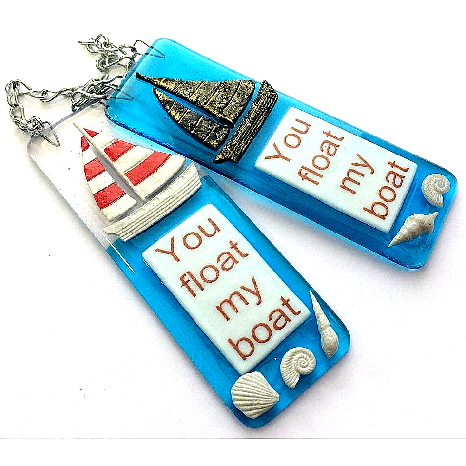 Handmade fused glass You Float My Boat Hanging Decoration. Valentine suncatcher gift. Romantic, love, message from the heart present. Girlfriend, boyfriend, partner, husband, wife.