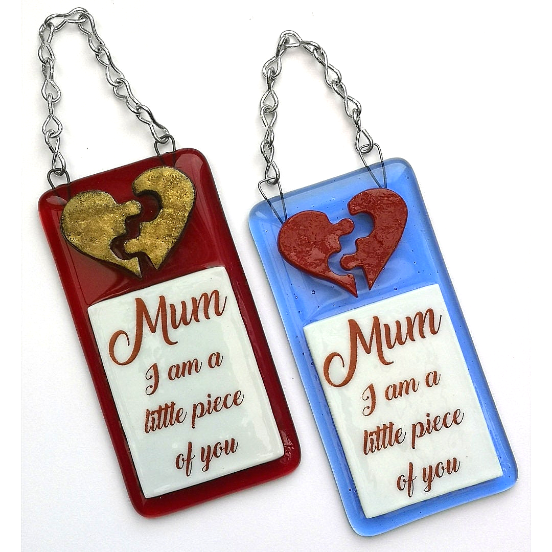 Handmade fused glass 3D Mum I Am A Piece Of You hanging picture decoration. Suncatcher, Mothers day present, gift for Mum, Dad, Nan, Grandmother. Jigsaw love heart.
