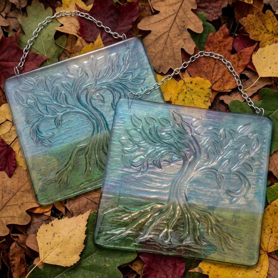 Handmade fused glass Tree Of Life hanging picture. Wall plaque suncatcher, nature. Iridised glass, sacred tree light catcher. Shown against a backdrop of colourful autumn eaves.