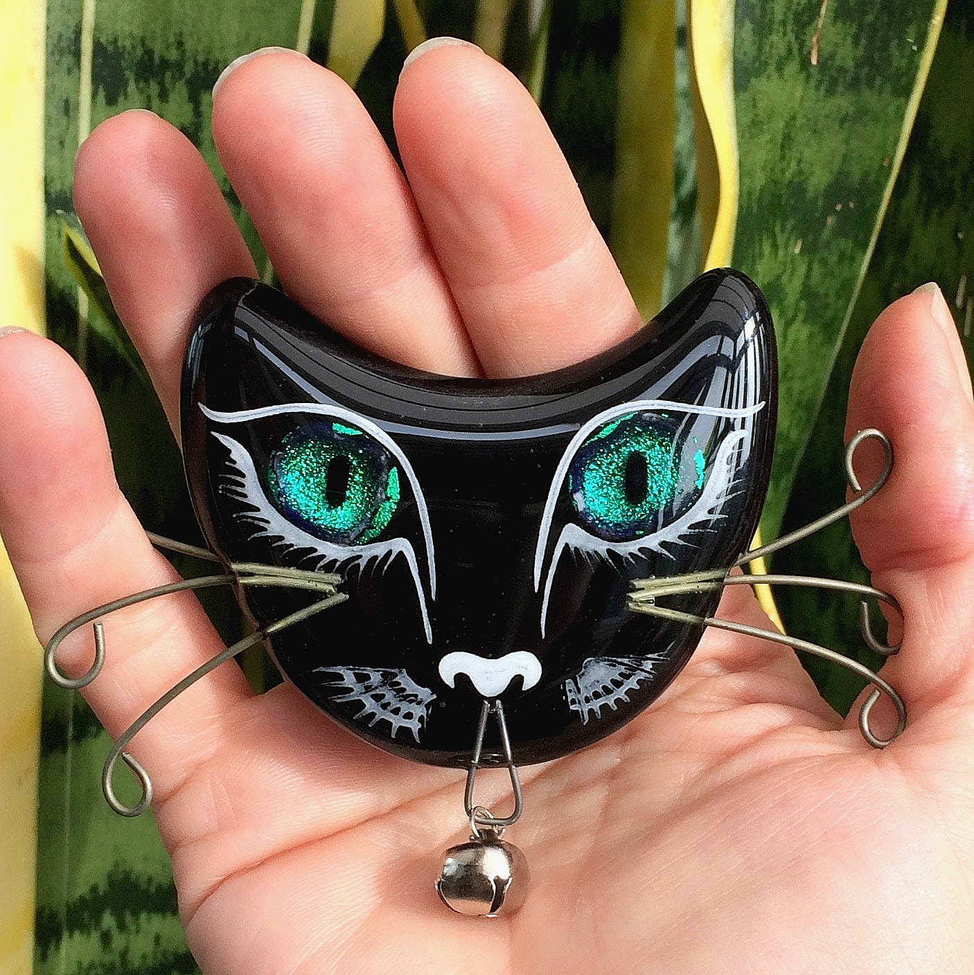 Handmade fused glass cat face fridge magnet. Reflective dichroic glass eyes. Magnetic cat lover gift, crazy cat, black cat, hand painted lucky cat.