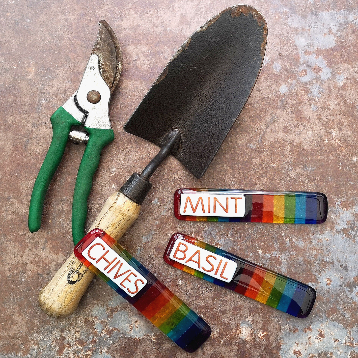 Handmade fused glass personalised rainbow plant label. Colourful plant marker. Rainbow striped garden plant stake. Herb, vegetable, flower, fruit name.