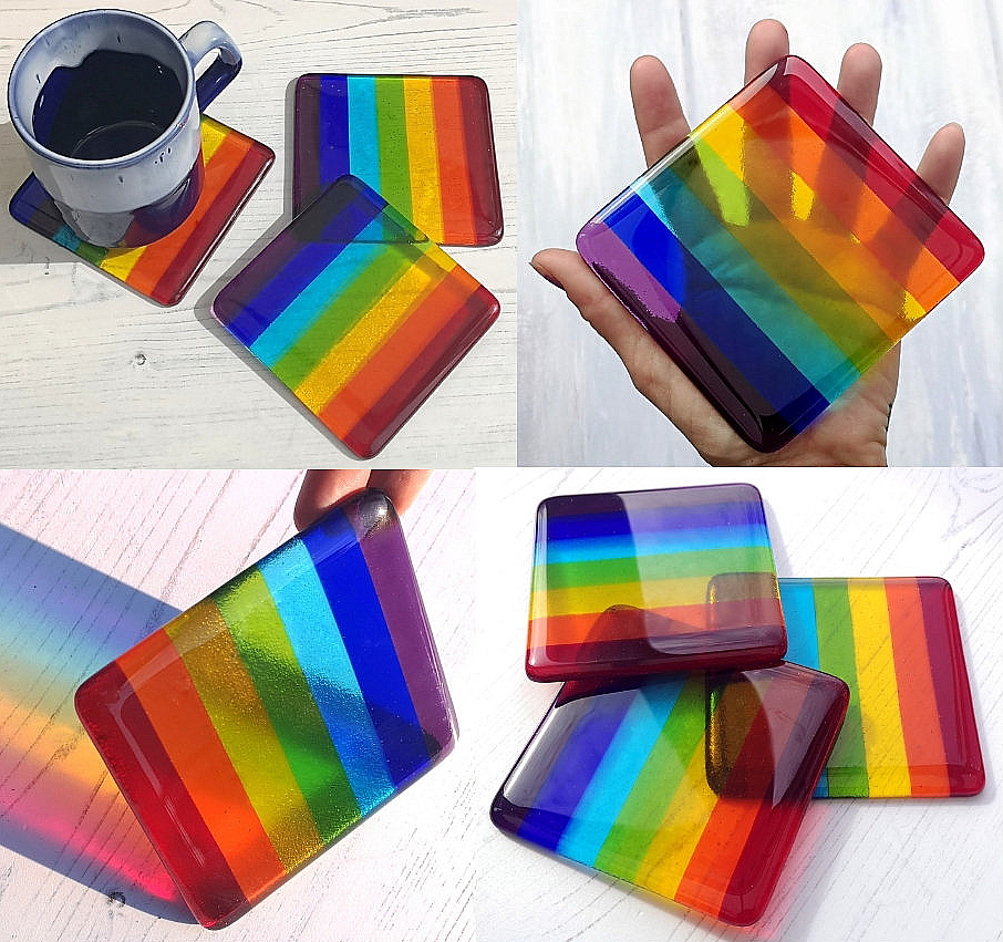 Handmade fused glass rainbow striped drinks coaster. Colourful glass wall tile. Hot drink table mat, rainbow decor, brightly coloured gift. Suncatcher multicoloured picture, home decoration, dining table protection.