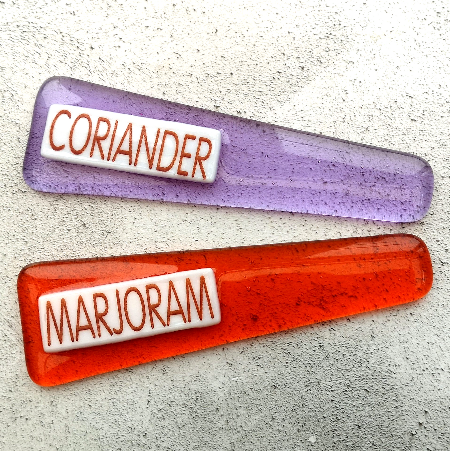 Handmade colourful fused glass plant labels that won't fade or rot with sunlight or moisture. Personalised plant markers for pot plants. Garden lover gift.