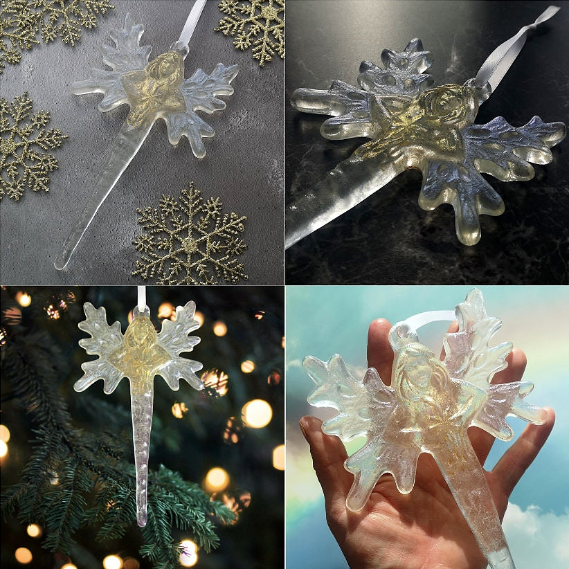 Handmade Fused Glass Angel Wings Icicle - Fairy Icicle - Hanging Tree Decoration - Icy Glass Suncatcher - Christmas Bauble - Festive Gift