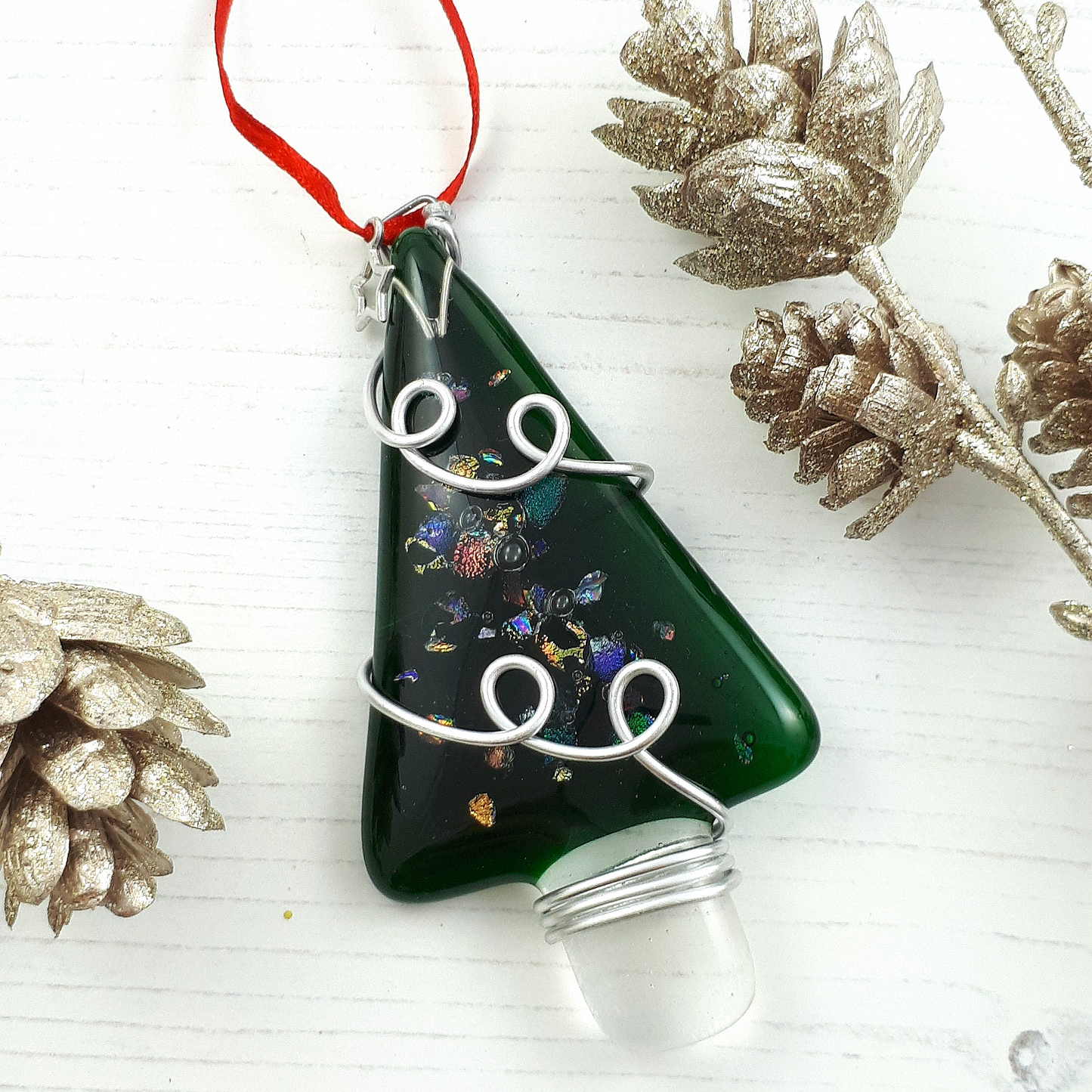 Handmade fused glass Christmas tree hanging decoration, wire wrapped, Xmas tree ornament, holiday decor, Christmas gift, festive present, star charm