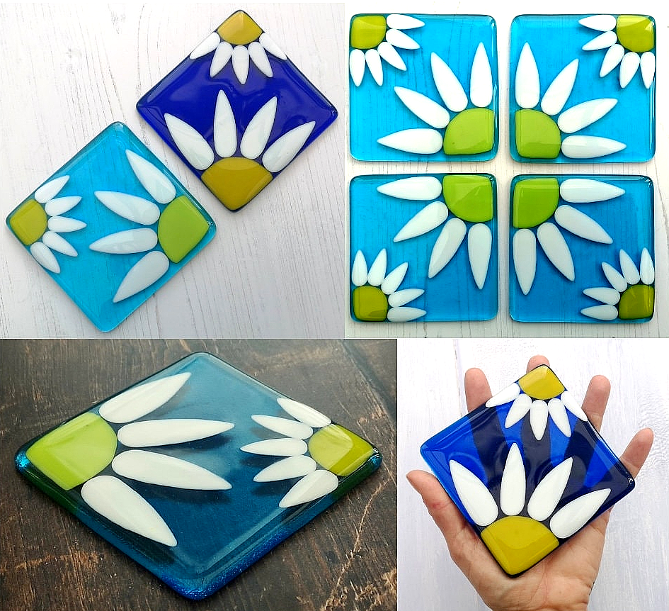 Handmade fused glass daisy drinks coaster. Daisies flower art, garden flowers glass tile. Hot drink table mat, floral nature gift. Suncatcher, wall tile, Flower picture, sunflower home decoration, dining table protection.