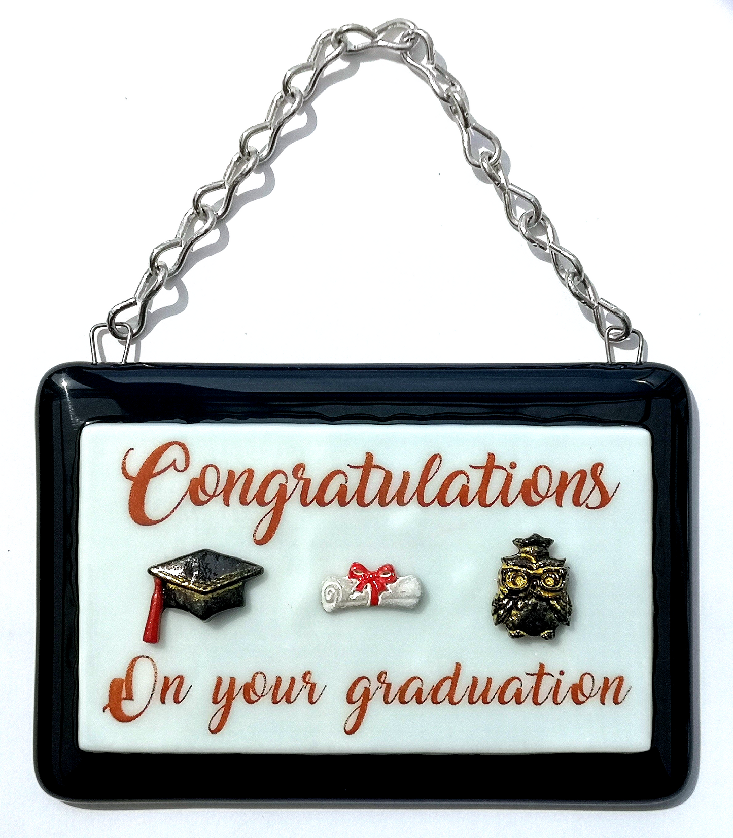 Handmade fused glass Congratulations On Your Graduation hanging picture. Custom, customised decoration award present. Personalised name gift for graduate, masters, doctorate degree. Name plaque certificate.