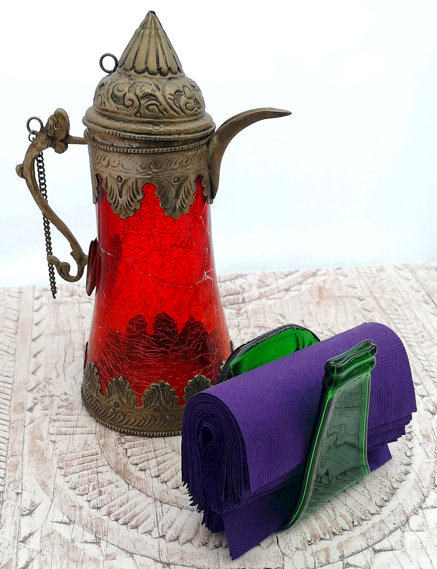 Handmade fused glass Recycled Beer Bottle Napkin Holder. Squashed, slumped bottle tissue serviette dispenser. Eco gift, zero waste, reclaimed, upcycled glass storage.