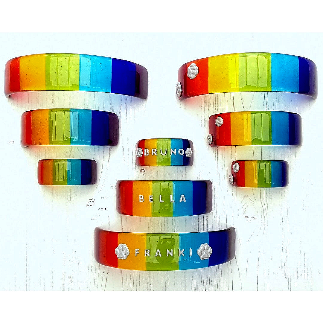 Handmade fused glass curved rainbow bridge. 3D pet paw prints. Free standing rainbow arch. Brightly coloured glass gift. Suncatcher, light catcher. Gift for pet loss, remembrance.
