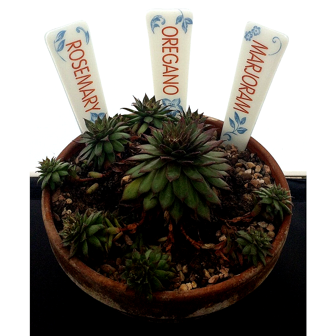 Handmade fused glass personalised white with blue flowers plant label. Ornate plant marker. Garden plant name stake. Herb, vegetable, flower, fruit name.