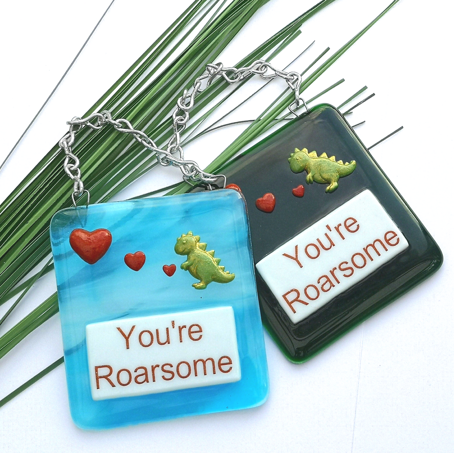 Handmade fused glass Awesome Roarsome Dinosaur Hanging Decoration. Valentine suncatcher gift. Romantic, love, message from the heart present. Girlfriend, boyfriend, partner, husband, wife.