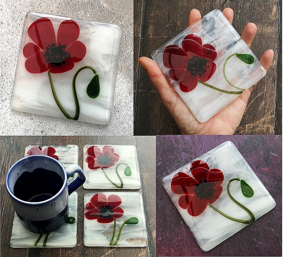 Handmade fused glass poppy flower drinks coaster. Poppies, garden flowers glass wall tile. Nature hot drink table mat, floral decor gift. Suncatcher flower picture, home decoration, dining table protection.