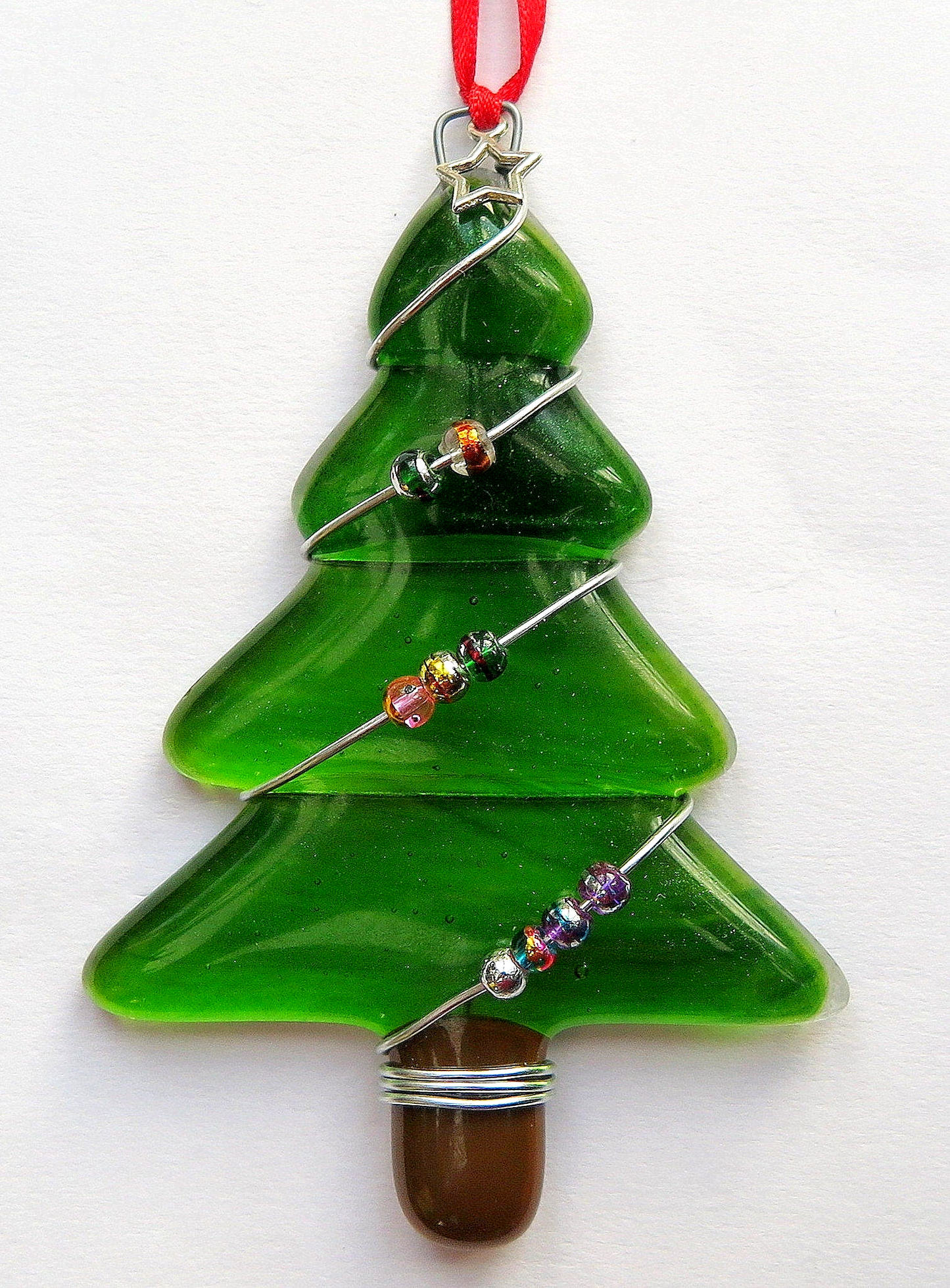 Handmade fused glass Christmas tree hanging decoration, wire wrapped glass beads, Xmas tree ornament, holiday decor, Christmas gift, festive present