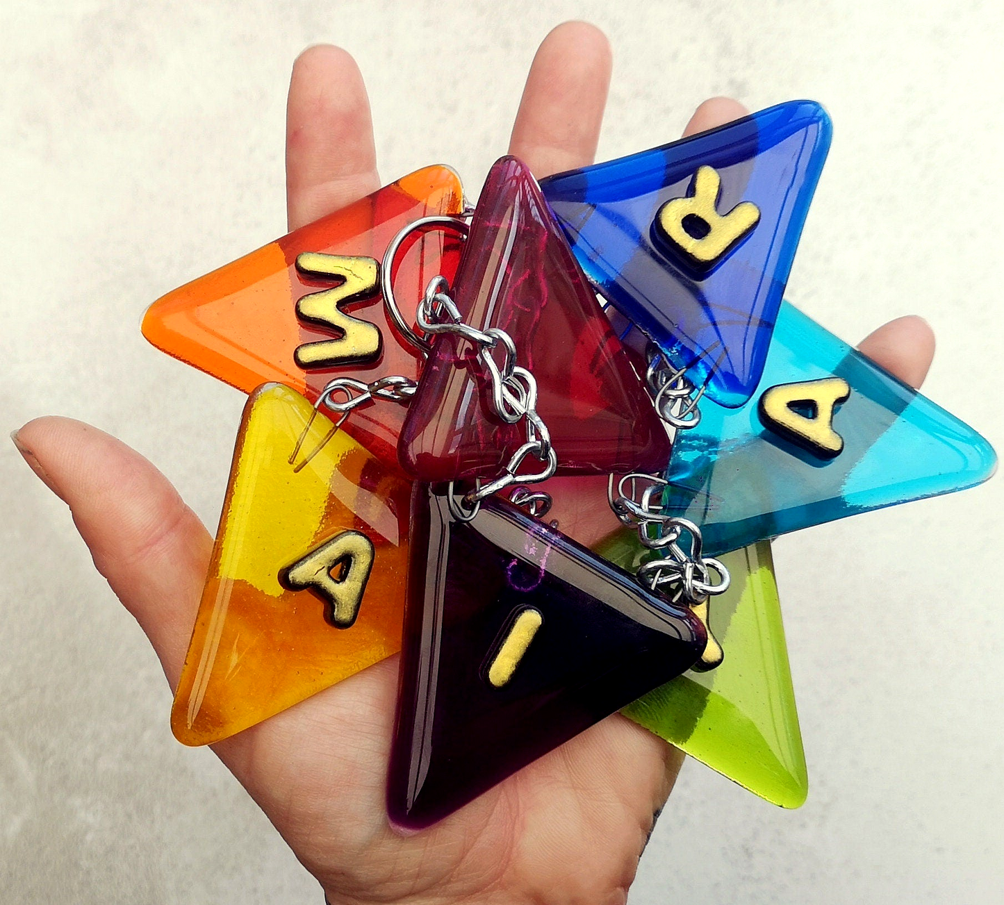 Handmade fused glass personalised name bunting. Customised 3D name plaque. Child's name door sign. Colourful glass bunting, name plate, new baby gift. Expecting Mum present.