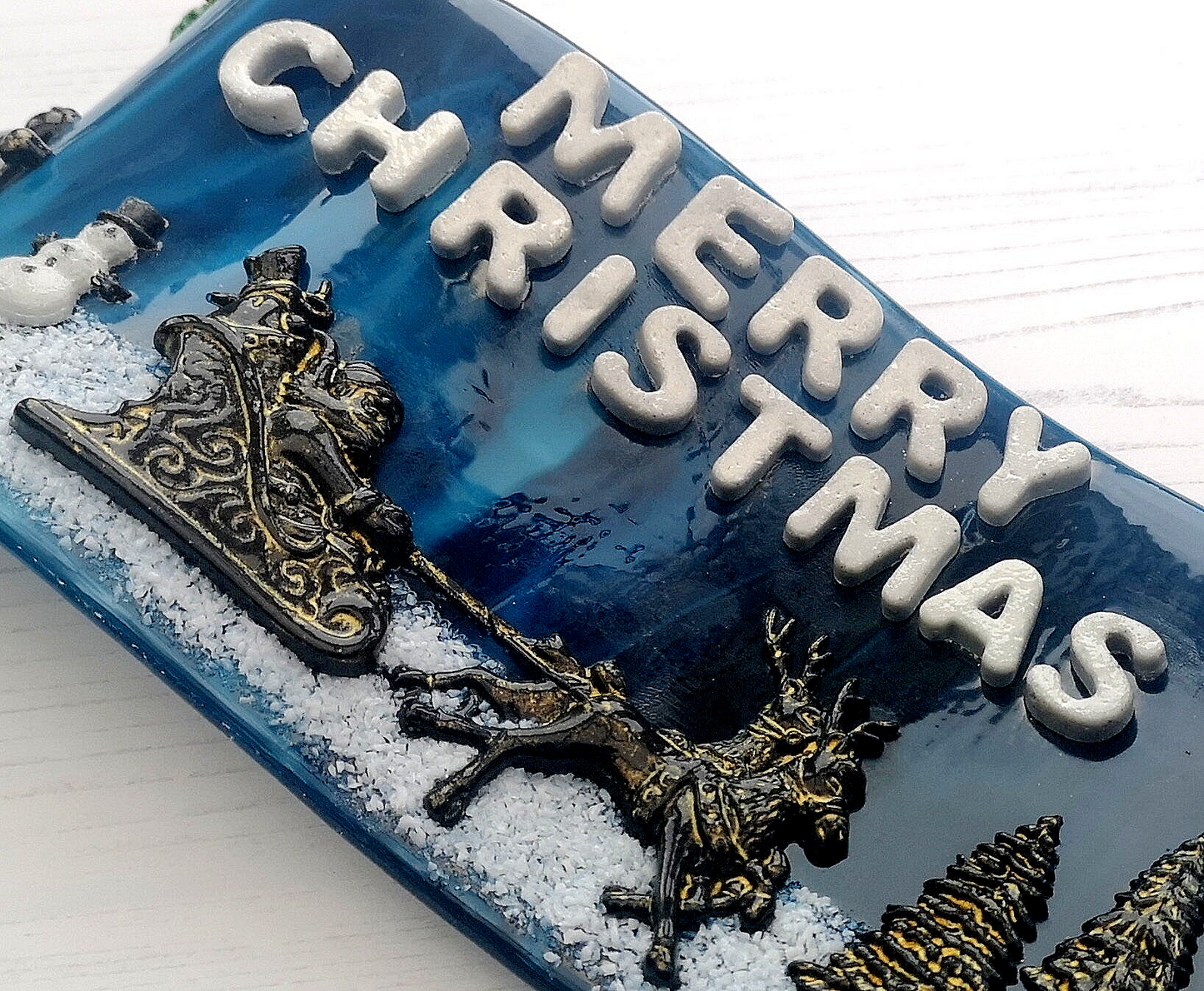 Handmade fused glass 3D merry Christmas free standing curved picture decoration, festive present, santa sleigh, reindeer north pole elf Xmas scene